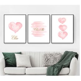 Painting Picture Kids Bedroom Decoration Watercolor Pink Heart Wall Art Canvas Print Personalized Name Custom Nursery 220623