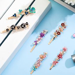 wholesale flower pins Canada - Hair Clips Barrettes Vintage Flower Pins Women Barrette Decorative Metal Gold Tone Hairpins Colorf Floral Design French Rhinestone Ac amyFW