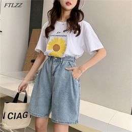 FTLZZ New Woman Wide Legs High Waist Blue Knee lenght Denim Shorts Casual Female Loose Fit Jeans Vintage Ladies Bermuda Shorts LJ200818