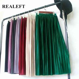 REALEFT Elegant Solid Pleated Women Mi-Long Skirts New Spring Summer Street High Waist Harajuku Umbrella Maxi Skirts Womens 210331