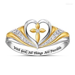 Wedding Rings The Cross Love Heart-shaped Micro-inlaid Ring Europe And United States God With Two-tone