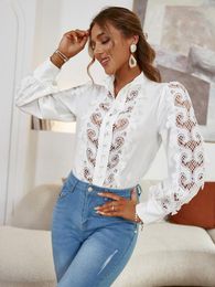 Women's Blouses & Shirts Simplee Elegant Puff Sleeves White Office Women Shirt Summer Sexy Buttons Hollow Out Autumn Patchwork Loose Lace Bl