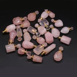 diy perfume bottle UK - Pendant Necklaces Natural Stone Crystal Perfume Bottle Connector Rose Pink Quartz Essential Oil Diffuser For Jewelry Making DIY NecklacePend