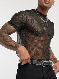 Men's Polos Sexy See Through Mesh T-shirts Men Hipster Solid Short Sleeve Tee Shirt Summer Fashion O-Neck Patchwork Tops Mens Streetwear
