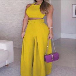 Women's Two Piece Pants Sets Female Ladies o-neck Tops Vest High Waist Wide Leg Pant Trousers Two-Piece Suit Summer Casual Women Outfits