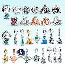 925 Silver Fit Pandora Charm 925 Bracelet Blue Dress Cinderella and Jasmine Princess Doll Enamel charms set Pendant DIY Fine Beads Jewellery