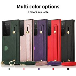 Shockproof Phone Cases for Samsung Galaxy S22 S21 S20 Note20 Ultra Note10 Plus Solid Colour PU Leather Kickstand Protective Case with Shoulder Strap and Wrist Band