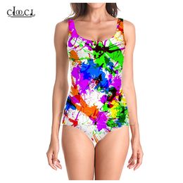 Colorful Paint Splatter 3D Print Onepiece Swimwear Women Swimming Bathing Suit Sleeveless Sexy Swimsuit 220617