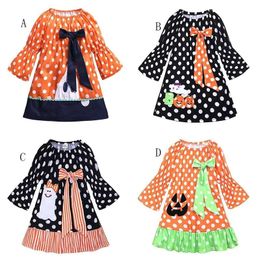 colors Halloween Baby girls ghost pumpkin dress Children Dot print Bow princess dresses Autumn fashion Boutique Kids Clothing