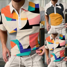 Men's Polos Men White Top Turndown Collar Summer Fashion Printed Casual Short Sleeve Zipper Shirt Quick Dry T ShirtMen's