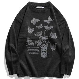 Hot sale Sweater Hip Knitted Hop Streetwear Harajuku Pullover Mens Butterfly Print Sweater 2023 Autumn Winter Cotton Casual Sweater Black