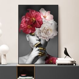 Abstract Flower On The Head With Gold Women Oil Painting On Canvas Print Nordic Poster Wall Art Picture For Living Room Decor