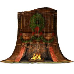 Blankets Christmas Fireplace Wreath Throw Blanket For Sofa Decoration Bedspread Portable Microfiber Flannel Picnic