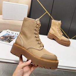 Designers Mid-calf Lace-up Boots Women Black Chunky Platform Boots Leather Luxury Nylon Boots Round Head Combat Boot With BOX NO396