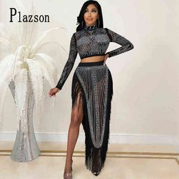 Plazson Fall Sheer Mesh Sparkle Rhinestone Suit Long Sleeve Crop Top And Fringed Skirt Two-Piece Set Crystal Chirstmas Outfits T220729