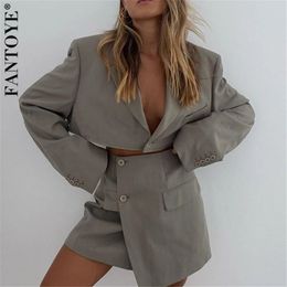 Fantoye Sexy Notched Single Button Blazer Set Women Spring V-neck Long Sleeve Top Asymmetry Skirt Suit Office Ladies Outfit W220331