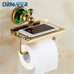 /Luxury green crystal brass gold paper box roll holder toilet gold paper holder Bathroom Accessories bath hardware T200425