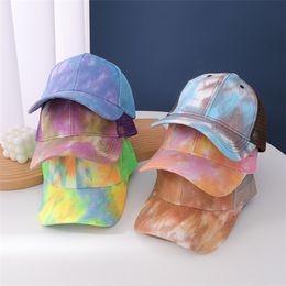 Party Supplies Tie-dye Ponytail Hats 6 colors Mesh Hollow Messy Bun Baseball Cap Home Trucker Hat Fast Send ZC1216