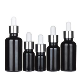 Dropper Bottle Glass Shiny Black Round Shoulder Shiny Silver Collar White Top Refillable Empty Pipette Essential Oil Bottle 5ml 10ml 15ml 20ml 30ml 50ml 100ml