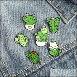 PinsBrooches Jewellery Cute Green Cat Cactus Enamel Brooches Pin For Women Girl Fashion Accessories Metal Vintage Dhbtv