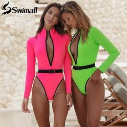 New Sexy Neon Long Sleeve 1pc Swimsuit Surfing Suit Women Swimwear Bathing Suit Rash Guard Surfing Swimming Suit Rashguard T200708