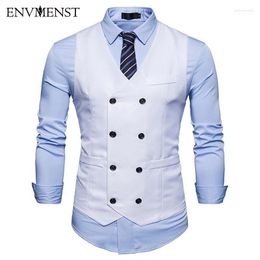 Causal Dress Vests For Men Slim Fit Suit Vest Male Double Breasted Waistcoat Gilet Homme Sleeveless Formal Business Jacket Guin22
