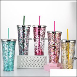 Tumblers Drinkware Kitchen Dining Bar Home Garden 24Oz Glitter Water Cup Cold Drink Straight Double-Layer Plastic St Mugs Electroplated L