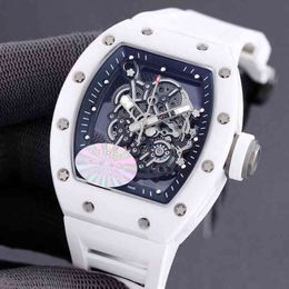 uxury watch Date Richa Milles All White Ceramic Mens Automatic Mechanical Watch Personality Hollowed Out Fashion Wine Barrel Tape Luminous Tide