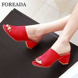 FOREADA Summer Sandal Slippers Thick High Heel Party Shoes Fashion Peep Toe Ladies Slippers Red Sandals Big Size 43 Y200423