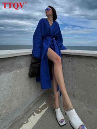 TTQV Fashion V-Neck Blue Midi Dress Lady Casual Lace-Up Long Sleeve Dress Elegant Vaction Slit Dresses For Women 2022 Robes T220804