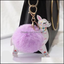 Keychains Fashion Accessories Artificial Fur Pompom Keychain Fluffy Ball Cute Alpaca Leather Animal Keyring Charm Chaveiros Dh4Qk