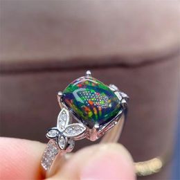 Cluster Rings Natural Black Opal Ring Real 925 Sterling Silver Fine Jewellery 6x8mm Size Gemstone Good Colourful Fire Secret BirthstoneCluster