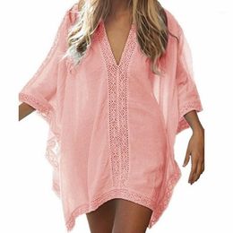 Women's Swimwear BEAUTANA Swimsuit Cover Up 2022 Summer Solid V Neck Batwing Sleeve Lace Bohemian Pareo Sexy See Through Vintage Beach Dress