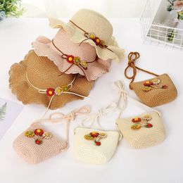 Wide Brim Hats Summer Baby Flower Breathable Hat Handbag Bags Kids Girls Fashion Straw Princess Casual Beach SHT013 Elob22