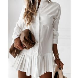 Woman Solid Colour Shirt Dress Lapel Long Sleeve Pleated Single Breasted Mini Female Ladies Spring Clothing 220521