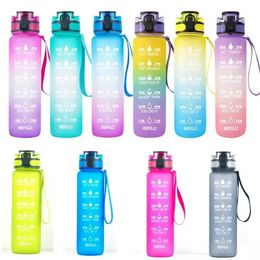 1000ml Gradient Leakproof Fast Flow Trendy Water Bottle With Time Marker and Removable Strainer to Remind You Drink More 32oz B0602N03