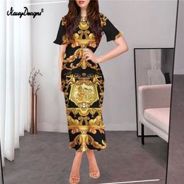 Noisydesigns Luxury Floral Dress Women Summer Autumn Fashion Ropa Lady O-Neck Golden Europe Print Lotus Sleeve Size 4XL 3XL 220627
