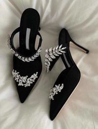 Wedding Dress Sandals Shoes Lurum Satin Jewel Buckle Women's Pumps Pointed Toe Sandalias Crystal Leaf Embellishment