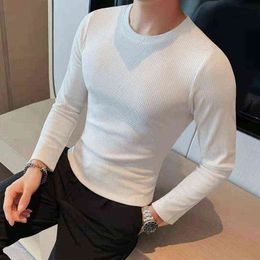 Fashion 2022 Autumn Winter New Waffle Fabric Solid Long Sleeve T Shirts For Men Clothing Simple Slim Fit Casual Tee Shirt Homme L220704
