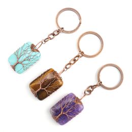Retro Handmade Tree of Life Key Rings Rectangle Natural Stone Healing Crystal Quartz Keychain Keys Chain Key Ring