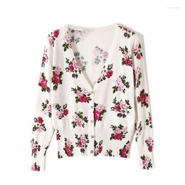Rose Print V-neck Slim Short Knitted Cardigan Women Modis Sweater 2022 Spring And Autumn Arrival Wholesale Price1