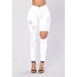 Dünne weiße Jeans Frau hohe Taille Damen Denim Damen elastische Bleistift Jean Herbst lange Hosen Hose zerrissen