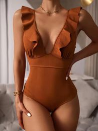 Women's Swimwear 2022 Sexy Solid One Piece Swimsuit Women Push Up Lace Bandage Bodysuit Brazilian Deep V Neck Backless Bathing Suit