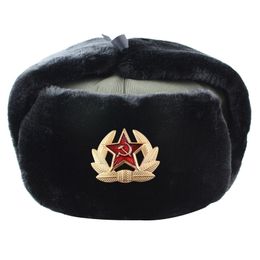 Soviet Military Badge Russia Ushanka Bomber Hats Pilot Trapper trooper Hat Winter Faux Rabbit Fur Earflap Men Snow Caps 220817gx