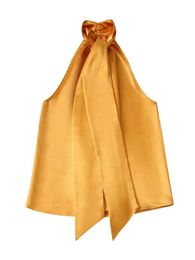 Women's Blouses & Shirts Elegant Women Yellow Satin Halter Top Cute Bow Tie Featuring A Knot With Pleats Buttoned Opening At Back Blouse XS-