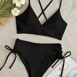 Sexy Bikini Women Swimsuit Black Lace Up Ribbed Swimwear High Waist Bikinis Set Summer Beach Bathing Suit For Female XL 220518