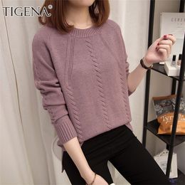 TIGENA New Autumn Winter Pullover Sweater Women Oneck Long Sleeve Knitted Sweater Female Army Green Purple Jumper Ladies T200607