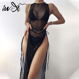 In-X Black 3 pieces set High neck swimwear female swimsuit cover-ups for women Skirts bikini Halter triangle bathing suit 220414