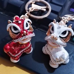Interior Decorations Chinese Style Lion Dance Key Ring Chain Car Pendant Cute Rhinestones Keyring Gift For Friends DecorationsInterior