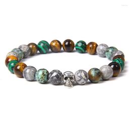 Beaded Strands Skull Bracelets Men Natural Chakra Stone Beads Bracelet Malachite Tiger Eye Bangle For Women Silver Color Charm Armbanden Je